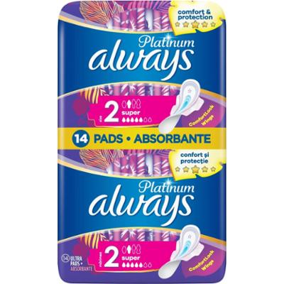Always Platinum Super (Rozmiar 2) Podpaski ze skrzydełkami, 14 sztuk