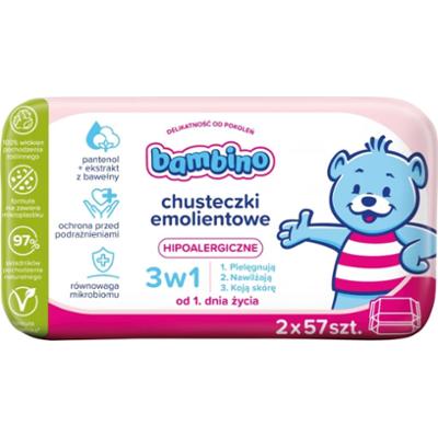 Bambino chusteczki emolientowe 3w1, 2 x 57 sztuk