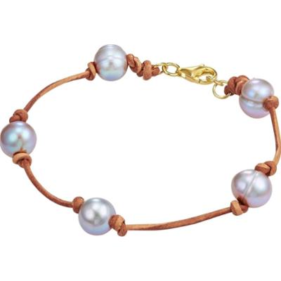 Valero Pearls Skórzana bransoletka srebro wysokiej próby Perła hodowlana słodkowodna żółte złoto Bransoletki 1 ct Damski