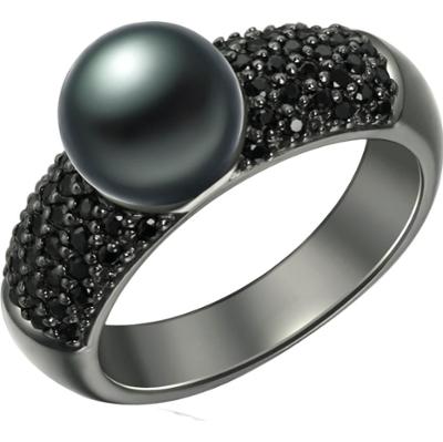 Valero Pearls Pierścionek z perłą srebro wysokiej próby Cyrkonia Perła hodowlana słodkowodna czarny Pierścionki 1 ct Damski
