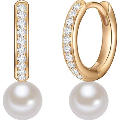 Valero Pearls Srebrne kolczyki kreole srebro wysokiej próby Cyrkonia Perła hodowlana słodkowodna żółte złoto Kolczyki 1 ct Damski