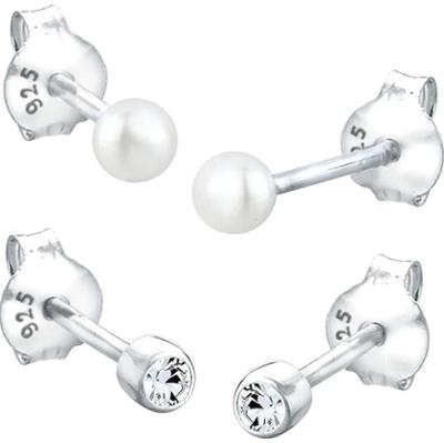 Elli Damskie kolczyki sztyfty Basic z perłą hodowlana słodkowodną i kryształem w srebrze próby 925 Sterling Silver Zestawy 1 ct