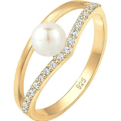 Elli Damski Elegancki Geo Design z perłą hodowlana słodkowodną i kryształami w srebrze 925 Sterling Silver pozłacane Pierścionki 1 ct