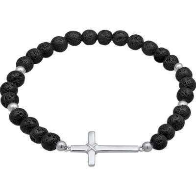KUZZOI Męski wisiorek religijny krzyżyk z koralikami z lawy w kolorze czarnym ze srebra próby 925 Sterling Silver Biżuteria męska 1 ct Męskie