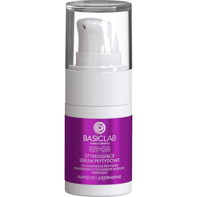BasicLab Stymulujące Serum peptydowe 15 % peptydów, 5% kompleksu czynników wzrostu, mikroigły, Napięcie i Ujędrnienie 15 ml Serum przeciwzmarszczkowe