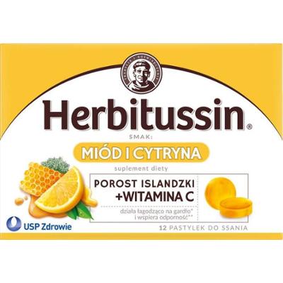 Herbitussin Miód i Cytryna porost Islandzki+Witamina C x 12 pastylek do ssania