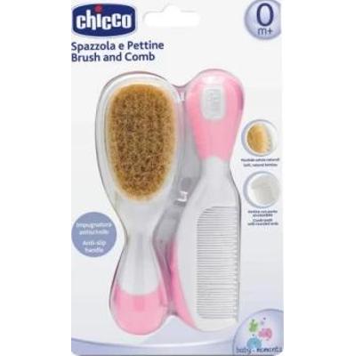 CHICCO Szczotka z naturalnego włosia + grzebyk różowy 0+