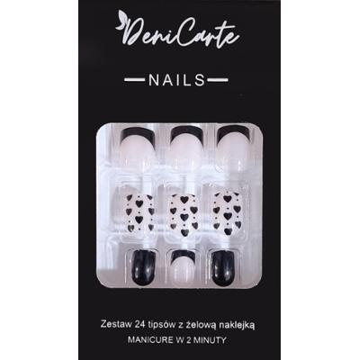 DeniCarte Tipsy Square - zestaw sztucznych paznokci, różne kolory Black Heart | Czarne Serduszka
