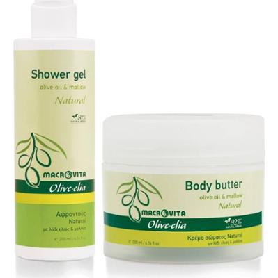 Zestaw MACROVITA Olive.elia Natural z bio-oliwą i malwą: naturalne masło do ciała 200ml + żel pod prysznic 200ml