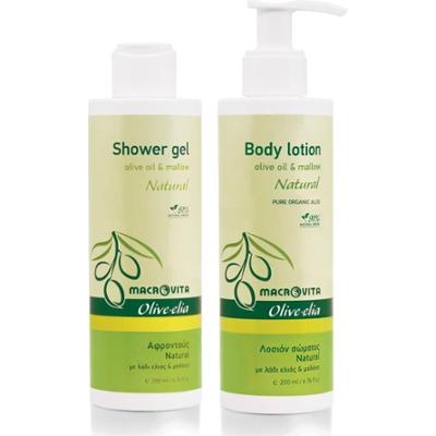 Zestaw MACROVITA Olive.elia Natural z bio-oliwą i malwą: naturalne mleczko do ciała 200ml + żel pod prysznic 200ml