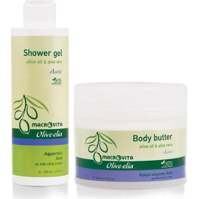 Zestaw MACROVITA Olive.elia Aura z bio-oliwą i aloesem: naturalne masło do ciała 200ml + żel pod prysznic 200ml