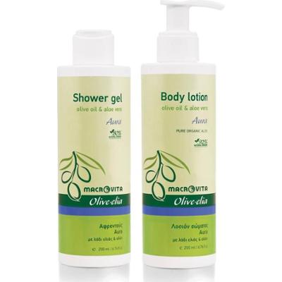 Zestaw MACROVITA Olive.elia Aura z bio-oliwą i aloesem: naturalne mleczko do ciała 200ml + żel pod prysznic 200ml