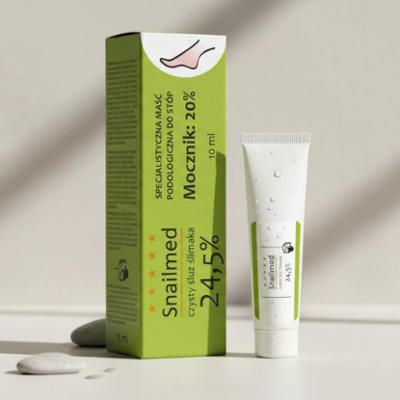 Głęboko nawilżająca Maść podologiczna do stóp z naturalnym śluzem ślimaka, mocznikiem, olejkiem awokado, masłem shea oraz z witaminą E, 10ml