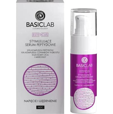 BasicLab Stymulujące Serum peptydowe 25 % peptydów, 10% kompleksu czynników wzrostu,egzosomy cica, mikroigły, Napięcie i Ujędrnienie, 30 ml
