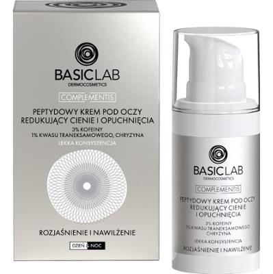 BASICLAB - Peptydowy krem pod oczy redukujący cienie i opuchnięcia z 3% kofeiny, 1% kwasu traneksamowego, chryzyną o lekkiej konsystencji, rozjaśnienie i nawilżenie, 15ml