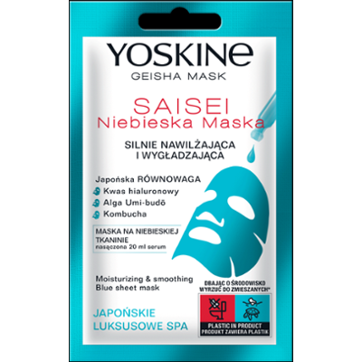Yoskine Geisha Mask Maska w płachcie na niebieskiej tkaninie Saisei