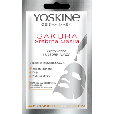 Yoskine Geisha Mask maska na srebrnej tkaninie Sakura