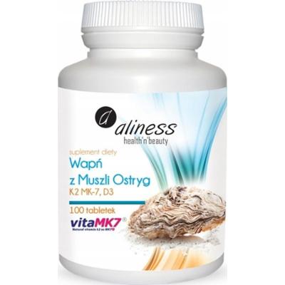 Aliness Wapń z Muszli Ostryg z K2 MK7 i D3 Mocne Włosy Kości 100 Tabletek
