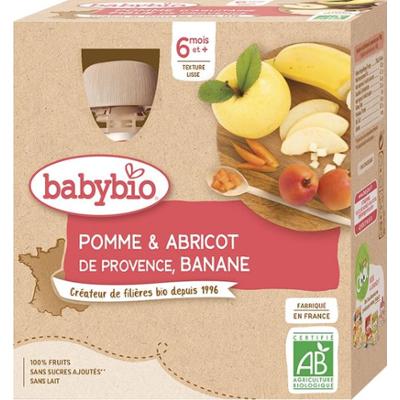 Butelki owocowe Babybio - 6 miesięcy i + - Jabłko, Morela, Banan - ORGANICZNE 4x90 g