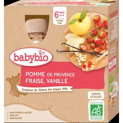 Butelki Owocowe Babybio - 6 miesięcy i więcej - Jabłko, Truskawka, Wanilia - ORGANICZNE 4x90 g