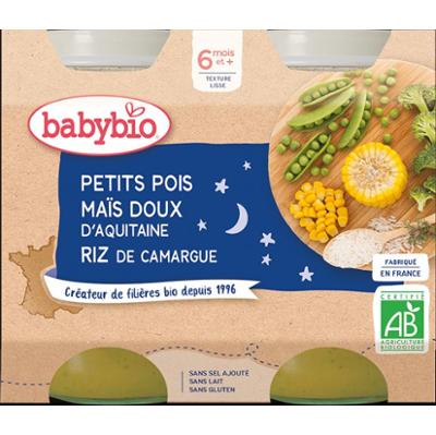 Babybio Garnki Obiadowe - 6 miesięcy i więcej - Groszek, Kukurydza, Ryż - ORGANICZNE 2x200 g