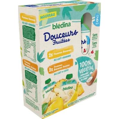 Blédina Dolce Frutta Jabłka Banany z Mlekiem Migdałowym – Jabłka Banany Ananas z Mlekiem Kokosowym 4x90g