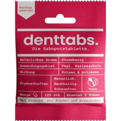 Denttabs. Tabletki do zębów o smaku truskawkowym z fluorem, 125 sztuk.