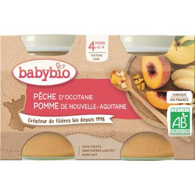 Babybio Słoiki Owocowe - 4 miesiące i więcej - Brzoskwinia, Jabłko - ORGANICZNE 2x130 g