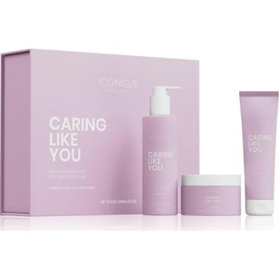ICONIQUE Professional Zestaw CARING LIKE YOU Szampon 250 ml, Kuracja bez spłukiwania 150 ml, Maska 200 ml do włosów zniszczonych i suchych