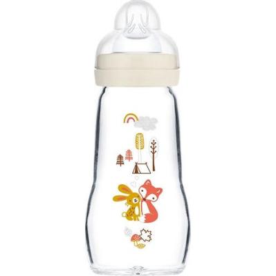 MAM Butelka szklana dla niemowląt 2 miesiące + 2 dania „Królik/Lis” - Beżowa 260 ml