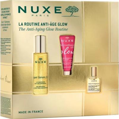 Glow Anti -Low Rutynowy zestaw Nuxe: Super serum [10] wegańskie surowicy anty -stacjonarne dzień i noc na twarz i szyję 30 ml + luminescencyjny mervei