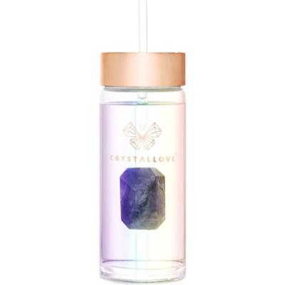 Crystallove Butelka na wodę ze słomką, szklana, z ametystem, 400 ml