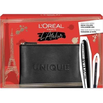 Zestaw L'Oreal Paris: L'Oreal Paris Kajal Czarna kredka do oczu 1,5 g + Mega Volume Collagen 24 hours Waterproof Mascara Mega Black 9 ml + Czarna torb