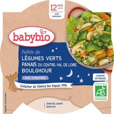 Babybio Talerz Obiadowy - 12 miesięcy i więcej - Zielone Warzywa, Makaron, Bulgur - ORGANICZNY 230 g