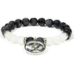 Bransoletka z kamieni szlachetnych labradoryt i biały agat z symbolem Ohm szer 8 mm