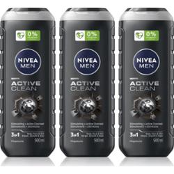 NIVEA MEN Active Clean żel pod prysznic dla mężczyzn wygodne opakowanie 3 x 500 ml