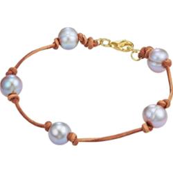 Valero Pearls Skórzana bransoletka srebro wysokiej próby Perła hodowlana słodkowodna żółte złoto Bransoletki 1 ct Damski