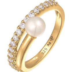 Elli PREMIUM Damska elegancka obrączka z perłą hodowlaną słodkowodną i cyrkoniami z pozłacanego srebra próby 925 Sterling Silver Pierścionki 1 ct Dams