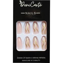 DeniCarte Tipsy - sztuczne paznokcie, zestaw 24 sztuk, różne wzory Beige Swirl Gold | Beżowo-Złote Wstążki