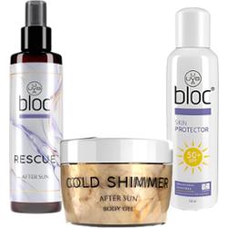 Zestaw do opalania - BLOC - bloker SPF 50+, mgiełka Reascue i żel Gold Shimmer po opalaniu