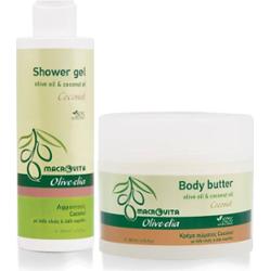 Zestaw MACROVITA Olive.elia Coconut z bio-oliwą i olejkiem kokosowym: naturalne masło do ciała 200ml + żel pod prysznic 200ml