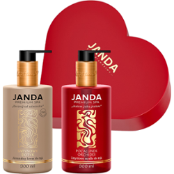Zestaw prezentowy JANDA PREMIUM SPA – Krem do rąk Satynowy Dotyk 300 ml & Mydło do rąk Pocałunek Orchidei w pudełku w kształcie serca