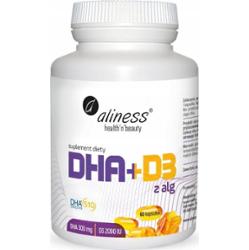 Aliness Omega DHA 300 mg z Alg + Witamina D3 2000IU Odporność Mózg 60 Kaps