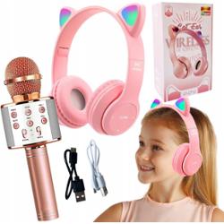 Zestaw Słuchawki Kocie Nauszne + Mikrofon Karaoke Dla Dzieci Bluetooth