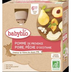 Babybio Butelki Owocowe - 6 miesięcy i więcej - Jabłko, Gruszka, Brzoskwinia - BIO 4x90 g