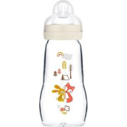 MAM Butelka szklana dla niemowląt 2 miesiące + 2 dania „Królik/Lis” - Beżowa 260 ml